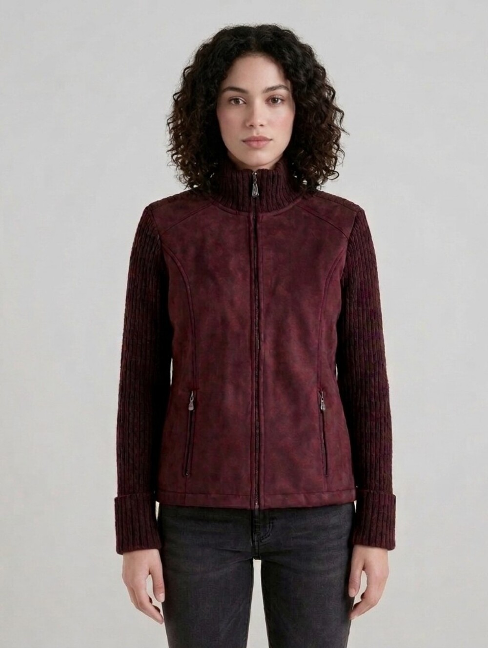 VTG Lady Hathaway Women Jacket Y2K Gorpcore Hybrid Suede Knit Burgundy L Fits S